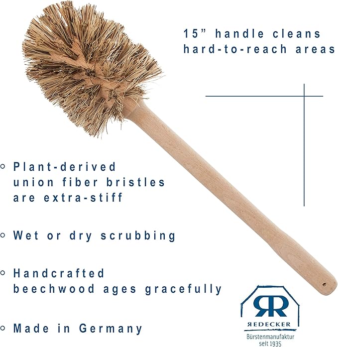 REDECKER Union Fiber Toilet Brush with Untreated Beechwood Handle - Natural Stiff Bristles 15 - Stiff Bristle Toilet Brush - Natural Bristle Bathroom Cleaning Brush Made in Germany
