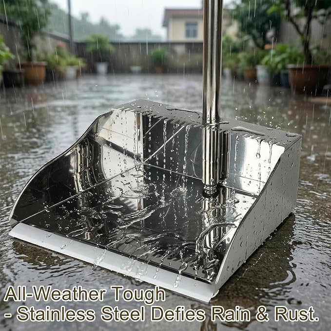 Metal Dustpan with Broom Set Long Handle Stainless Steel DustpanHeavy Duty Standing Dust Pan with Teeth Indoor Outdoor Up for Home Kitchen Lobby Room Office