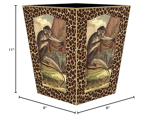 Marye-Kelley Vintage Monkey and Leopard Print Wastepaper Basket Wood Flat Top Waste Basket for Kitchen Bathroom Bedroom Living Room Handmade Made in The USA