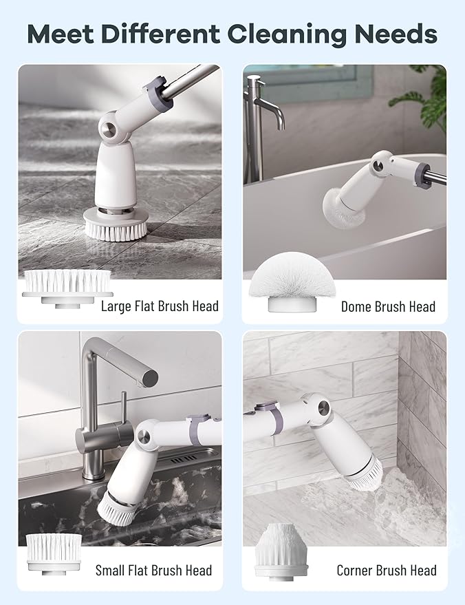 Electric Spin ScrubberFloor Shower Scrubber with Long Handle Power Scrubber Dual SpeedsCleaning Brush Cordless Scrub Brush with 3 Adjustable Angles8 Brush Heads for BathroomTile