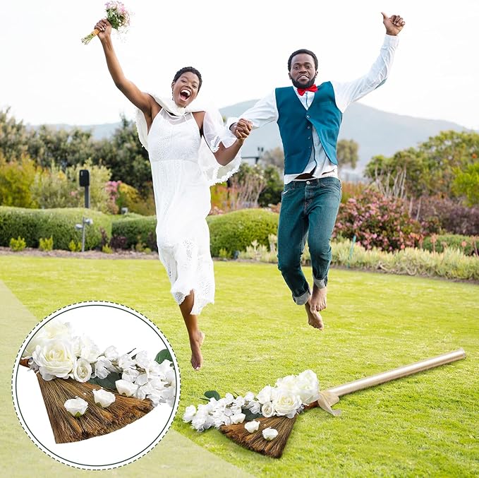 Yungyan Wedding Brooms for Jumping Ceremony Bride Bridegroom DIY Whisk Brooms 11.81 x 25.2 in with Ribbons Artificial Pearl Eucalyptus Leaves Roses Delphinium for Wedding Ceremony Craft