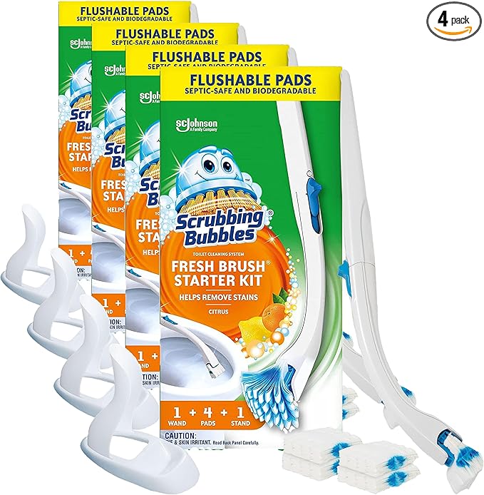 Scrubbing Bubbles Toilet Bowl Brush and Holder with Cleaner Refill Pads Fresh Brush Toilet Wand Starter Kit Cleans Limescale &amp Fights Odors Citrus Scent 1 Wand + 4 Refills + 1 Stand (Pack of 4