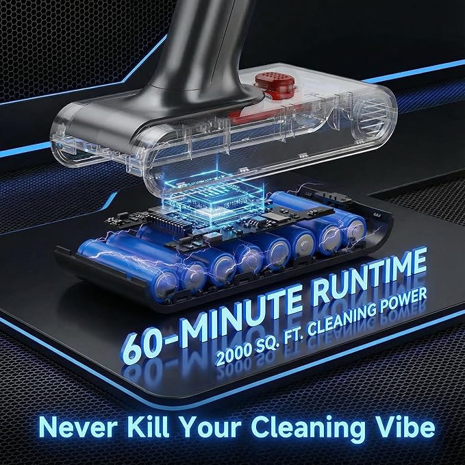 Cordless Vacuum Cleaner 550W 48kPa 60 Mins Runtime Vacuum Cleaners for Home Stick Vacuum with Intelligent Display Rechargeable Battery and Anti-Tangle Brush Perfect for Pet Hair/Carpet/Floors