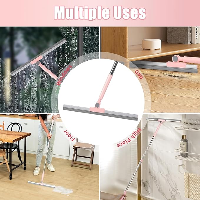Heavy-Duty 20 Floor Squeegee &amp Silicone Broom for ConcreteTile Garage Windows Commercial Squeegee Broom with Long Handle Pet Hair Dust &amp Liquid Remover for Floors/Rugs(Pink)