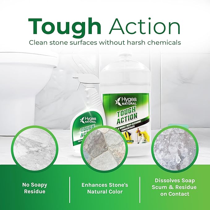 Hygea Natural Tough Action Tile &amp Grout Cleaner Duo - Deep Cleans Dirt &amp Scum Conditions &amp Enhances Stone Color - Acid-Free &amp Residue-Free Biodegradable Formula (24 oz Spray + Concent