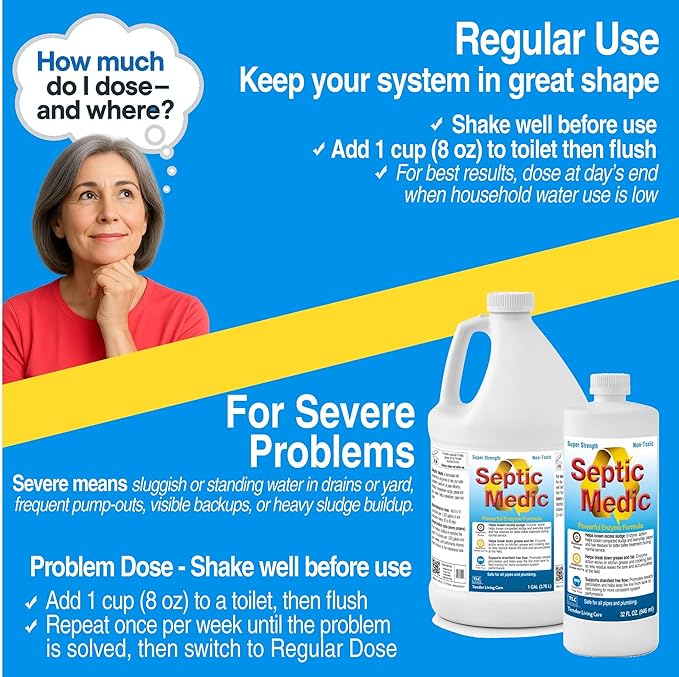 Septic Medic Septic Tank Treatment Enzyme System Cleaner Breakdown Sludge Breakdown Grease and Fat Supports Drainfield and Leach Field Free Flow Backed by Science – 1 Gallon