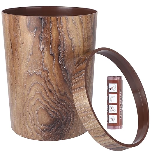 BESPORTBLE Vintage Wood Grain Trash Can Wastebasket 10L Plastic Garbage Can Container with 1 Roll Trash Bags for Bedroom Kitchen Living Room Home Use