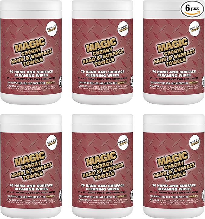 Magic Cherry Scented Heavy Duty Cleaning Wipes - Dual Sided Hand &amp Surface Shop Towels | Professional-grade Cleaning | Waterless | Cleans Grease Oil Dirt &amp more (6 Pack | 420 Sheets Total)