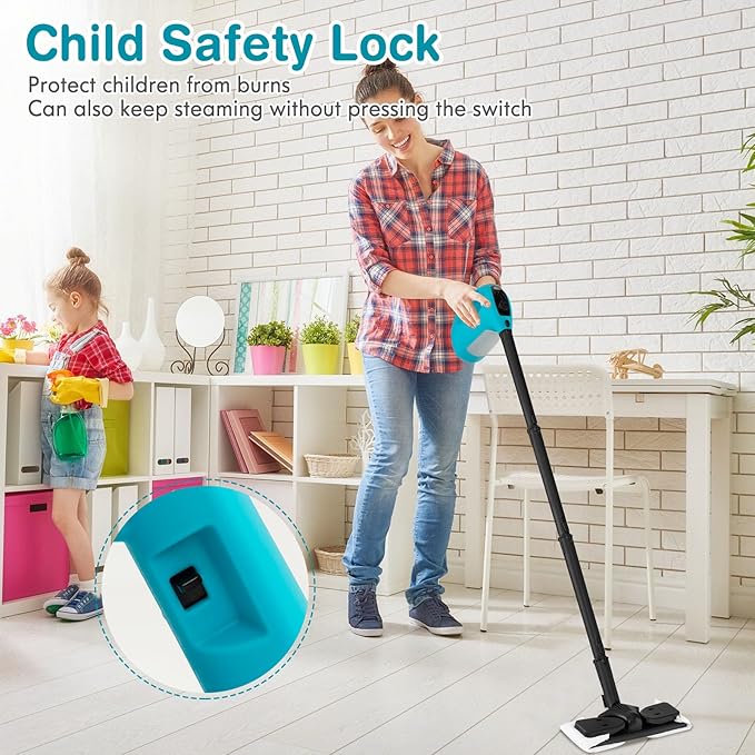 Handheld Steam Cleaner 1400W Pressurized Steamer with 17 Pieces Accessory Set &amp Child Lock Multipurpose Portable Steam Mop for Home Use Floors Windows Cars Sofas (Blue)