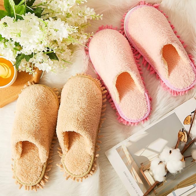Gerrii 4 Pair Microfiber Cleaning Mop Slippers - Detachable Washable House Mop Slippers for Men and Women Ideal for Kitchen Floor Dust Cleaning Includes Blue Gray Pink Beige(Large)