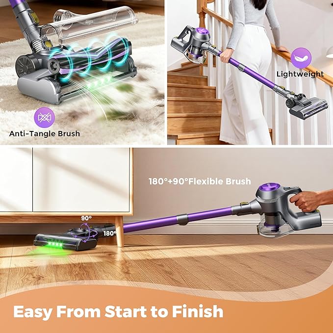 Cordless Vacuum Cleaner 40Kpa Powerful Suction Stick Vacuum Cleaners for Home 45 Mins Runtime 1.6L Dust Box Anti-Tangle 8-in-1 Rechargeable Vacuum for Hardwood FloorCarpetPet Hair (Purple)