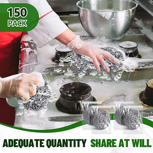 Honeydak 150 Pack Stainless Steel Scourers Steel Wool Scrubbers Bulk Separately Packaged 3 Inch 25 Gram Metal Scourers Sponges Wire Scouring Pad for Stove Pot Pan Oven Kitchen Restaurant(Classic)