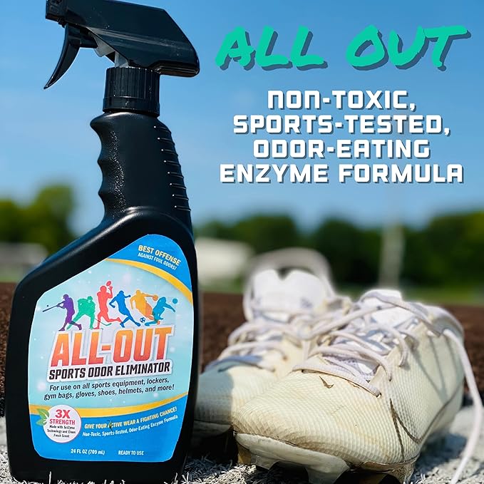 All-Out Cleaner &amp Odor Eliminator Combo - Remove Tough Stains and Odor from Jerseys Gloves Shoes Pants Baseball Pants etc. 24 oz (2 pack)
