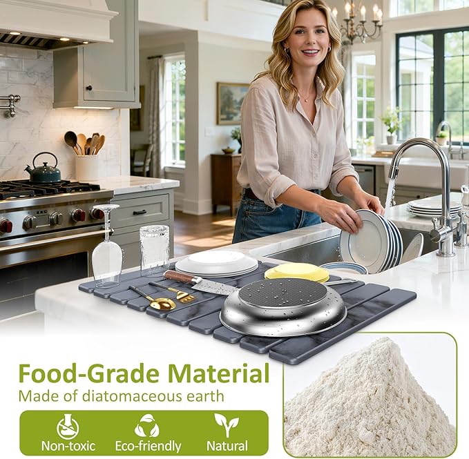 Large Stone Dish Drying Mat for Kitchen Counter 24(L)×16(W) Collapsible Quick Dry Stone Dish Mats Super Absorbent Diatomaceous Earth Drying Pad for Dishes Bottles Cups Countertops (Marble)