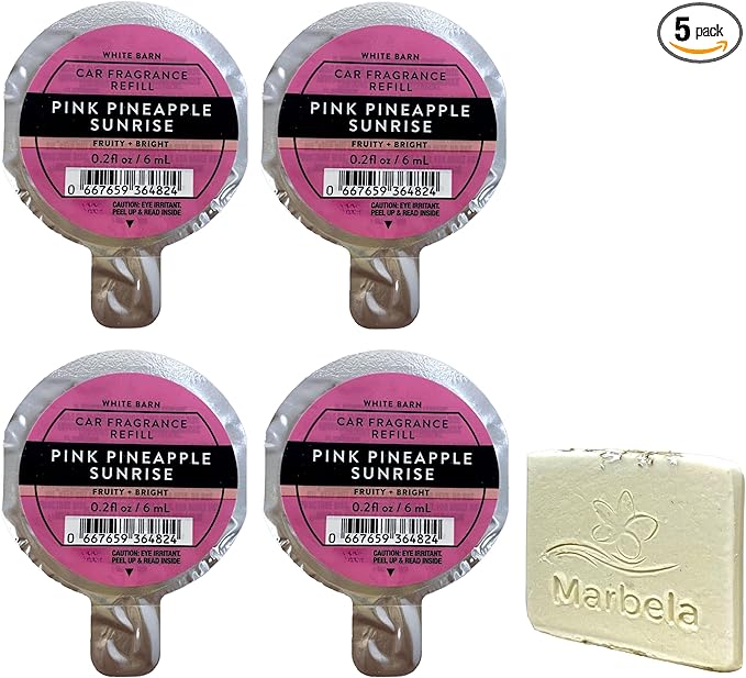 Bath &amp Body Works Pink Pineapple Sunrise 4 Pack Car Fragrance Refill with a Natural Oats Sample Soap