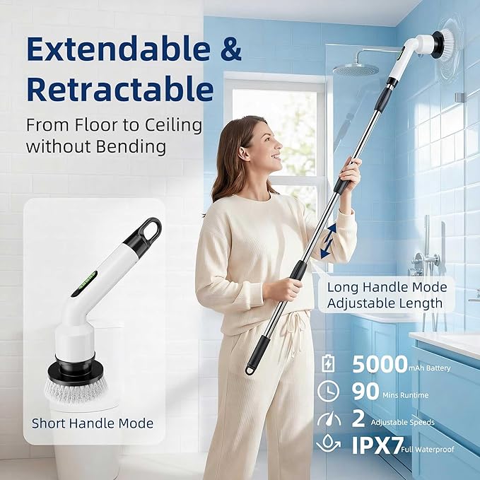 Electric Spin Scrubber Cordless IPX7 Waterproof Cleaning Brush with Dual-Hook Design 7 Replaceable Brush Heads Adjustable Telescopic Handle &amp 2 Speeds for Bathroom Kitchen Floor
