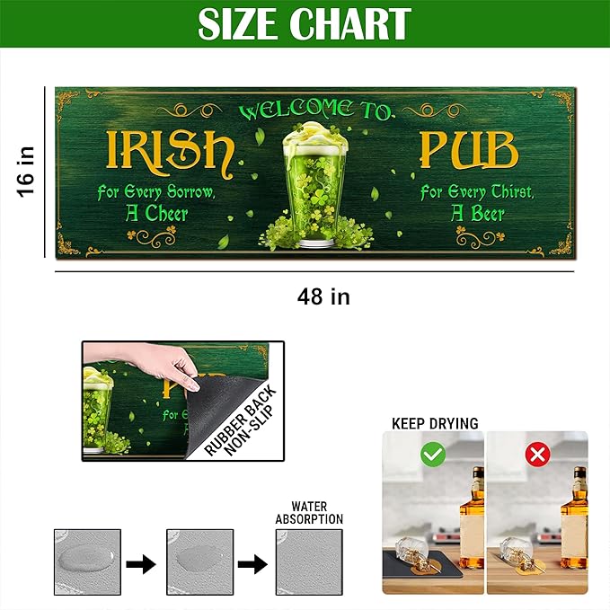 THUYPT Personalized Irish Drying Mat for St Patrick's Day Decor Irish Bar Pub Accessories Spill Mat Countertop Bar Shamrock Dish Drying Mat for Bar Counter Absorbent Coffee Maker (12)
