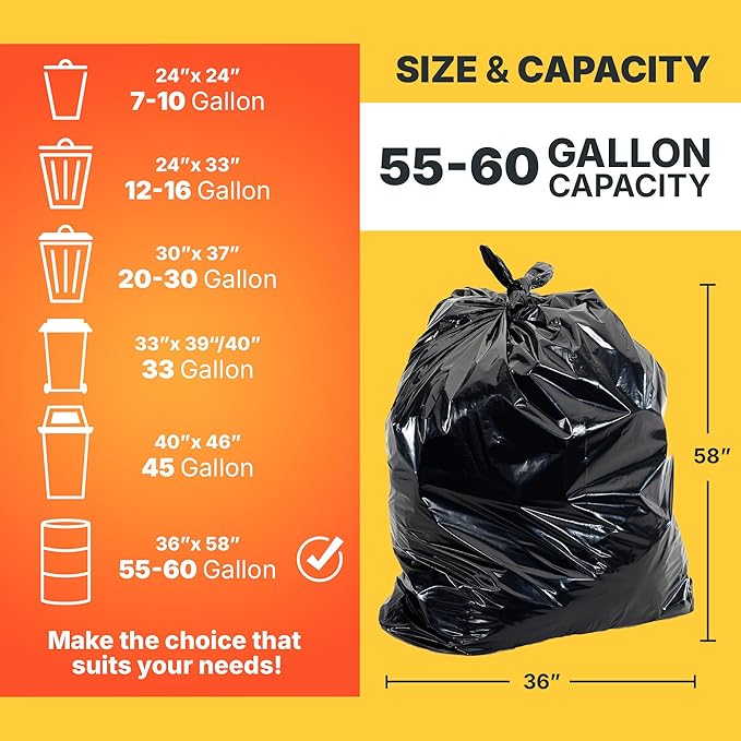 55-60 Gallon Trash Bags 30 Micron Heavy Duty Pure LDPE Garbage Can Liners 36 x 58 Large Black 100 Count