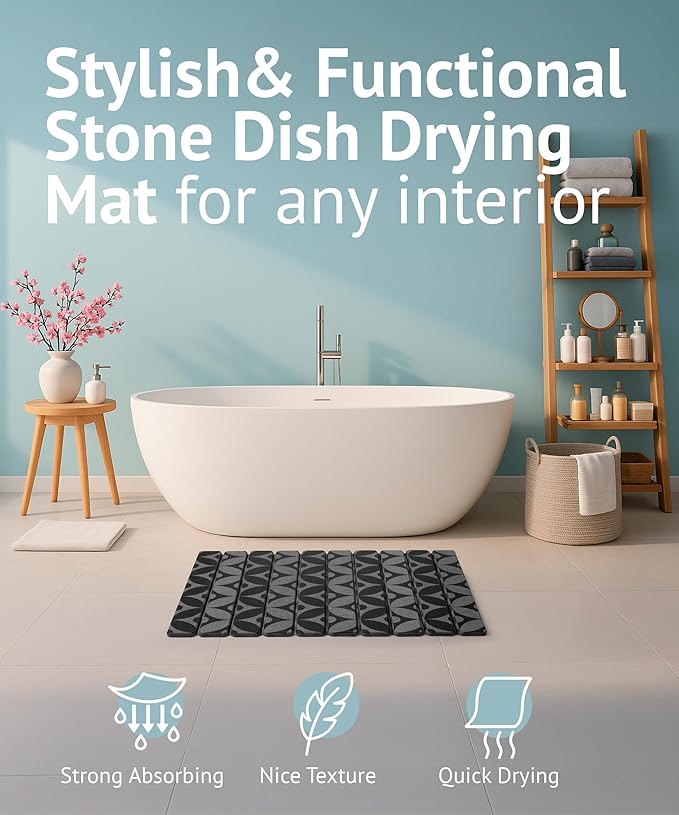 Large Stone Drying Mat for Kitchen Counter 23.6 x 15.3 Quick Dry Foldable Diatomaceous Earth Dish Drying Mat Stain-Hiding Design Eco-Friendly Large Sink Mat for Dishes and Utensils