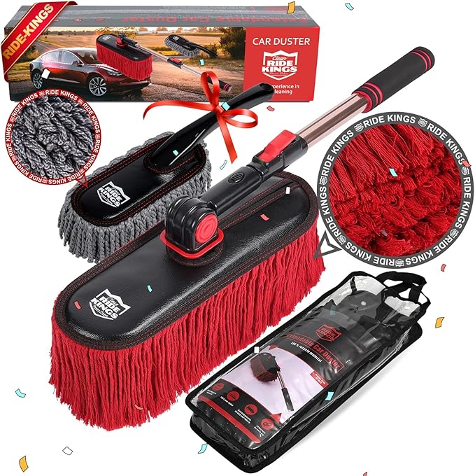 Car Duster Exterior with Extendable Handle Scratch Free Auto Wash Brush Mop Interior Detailing Kit for Truck RV Boat - Wax Cotton Duster &amp Interior Brush Red