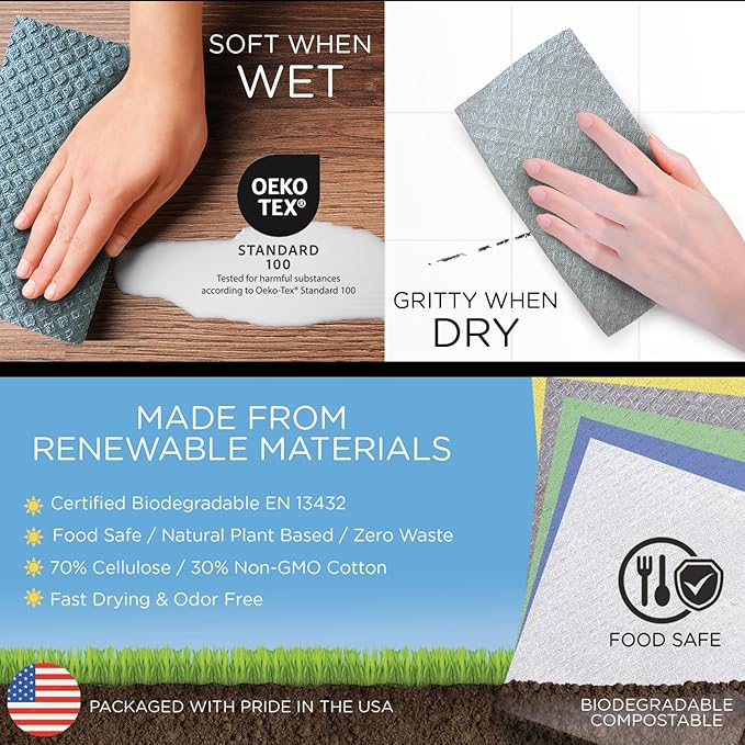 Swedish Dishcloths for Kitchen XL 30 Sheet Roll Biodegradable &amp Compostable Reusable Paper Towel Cleaning Cloths 11 x 10 No Odor Washing Dishes Ultra Absorbent Cellulose Sponge Towel By
