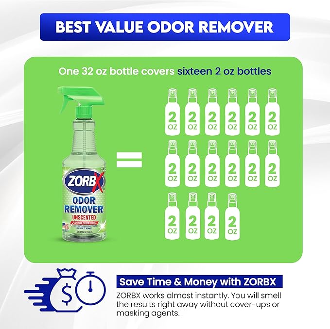 ZORBX Unscented Odor Remover Spray 32 oz - Perfect Solution for Strong Odor - Advanced Trusted Formula &amp Fast-Acting Odor Eliminator for Dog Cat Puppy