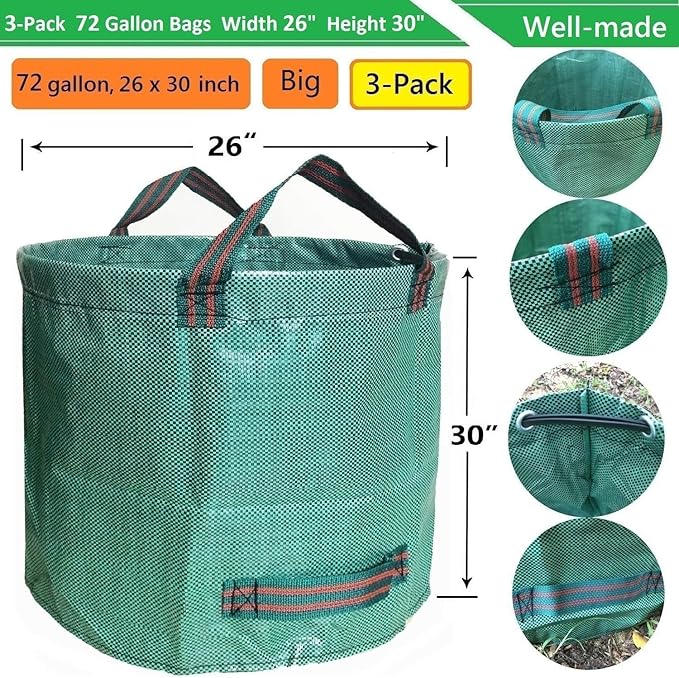 Professional 3-Pack 72 Gallon Big Lawn Garden Bags (D26H30 in) Reusable Yard Waste Bags with Gardening Gloves for PruningLeaf BagYard DebrisLawn WeedsGrass ClippingsHedge Trimmings Bag 4 Handles