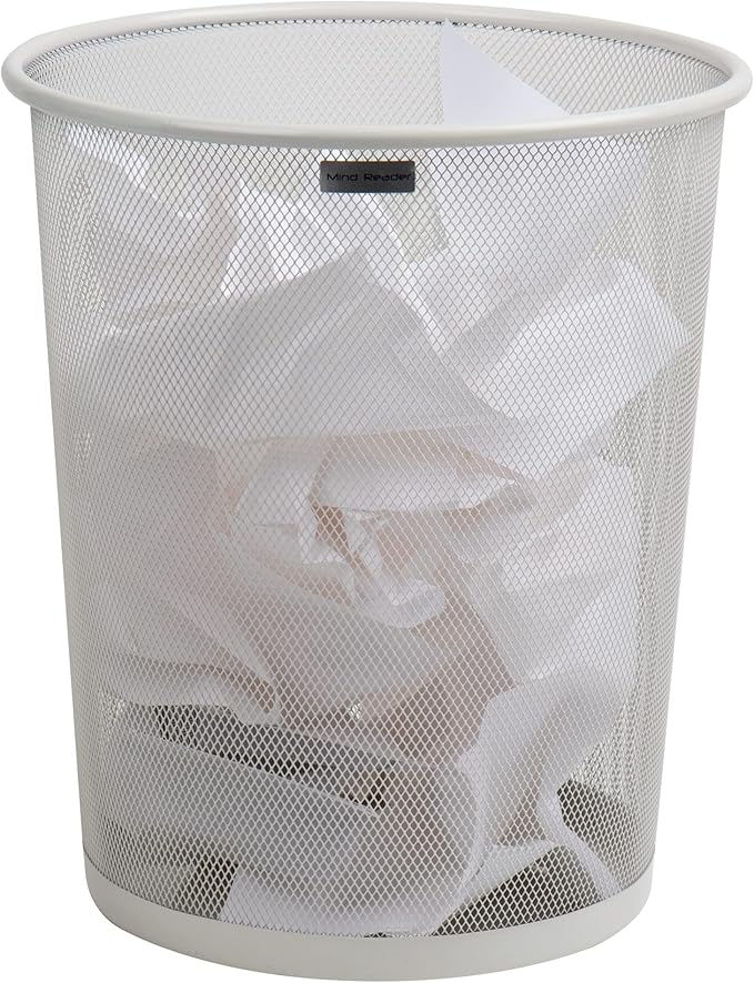Mind Reader Mesh Trash Can 16.65L (4.4 gal) Waste Paper Basket Round Office Metal Mesh White
