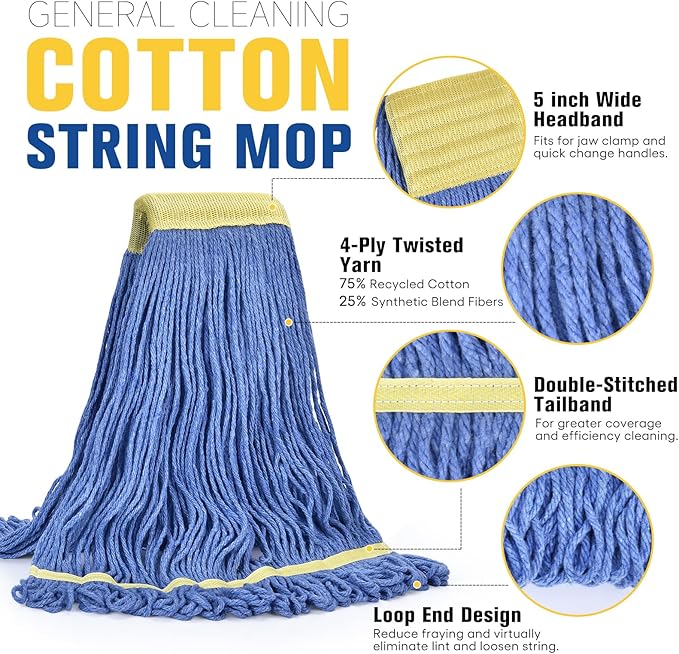 Matthew Cleaning Commercial Mop Head Replacement 5 Inch Wide Headband Looped End Cotton Blend String Wet Mops for Floor Cleaning 24 oz Large Case Pack 12 Pcs Blue