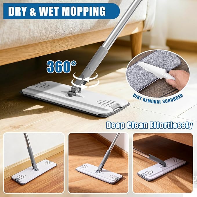 Flat Mop and Bucket Set with Heavy Duty Scrub Brush 2 Washable Reusable Microfiber Pads for Tile Hardwood Wall Cleaning Home Indoor or Outdoor Cleaning (White-Gray)