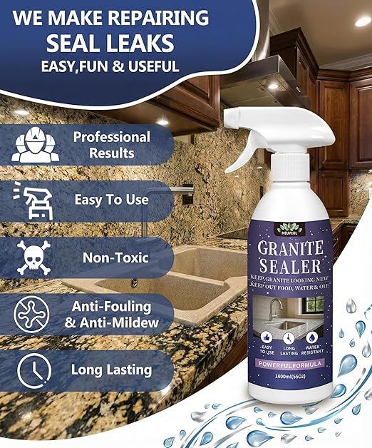 Granite Sealer &amp Protector Spray - 35 Oz Marble Sealer for Quartz Quartzite Stone Granite Countertops - Prevents Water Spots &amp Oil Stains - Non-Toxic Stone Care for Kitchen Bath &amp Show
