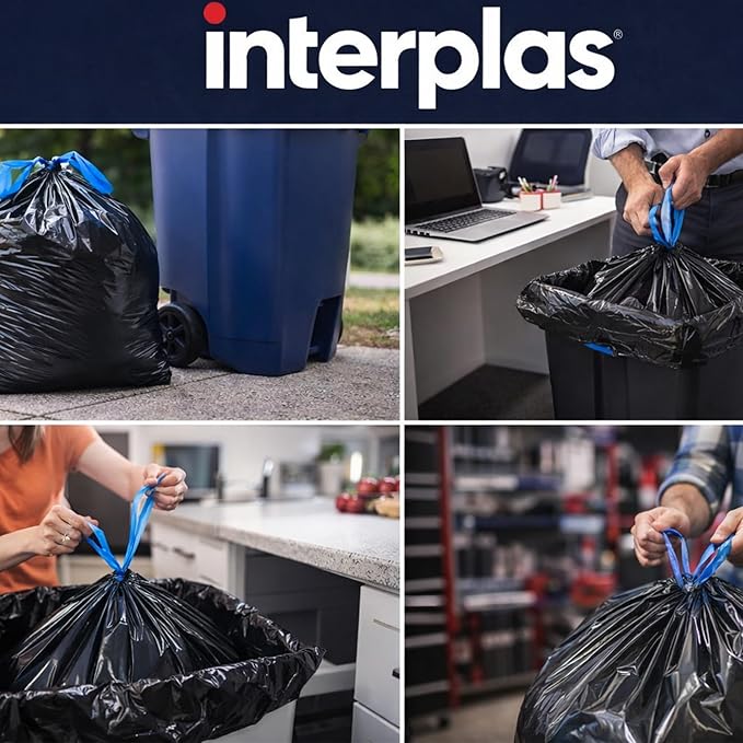 (50 Count) 44 Gallon Trash Bags with Drawstring Heavy Duty Fits 40-45 Gallon Bins 1.2 Mil Industrial Strength for Janitorial Hotels &amp Commercial Kitchen Waste-Multipurpose use-By Interplas.