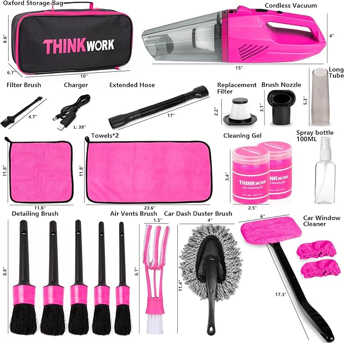 THINKWORK Car Detailing Kit Interior Cleaner Car Cleaning Kit with 8000PA Cordless Pink Handheld Vacuum Cleaner Car Interior Detailing Brush Set Pink Car Accessories Gift for Women