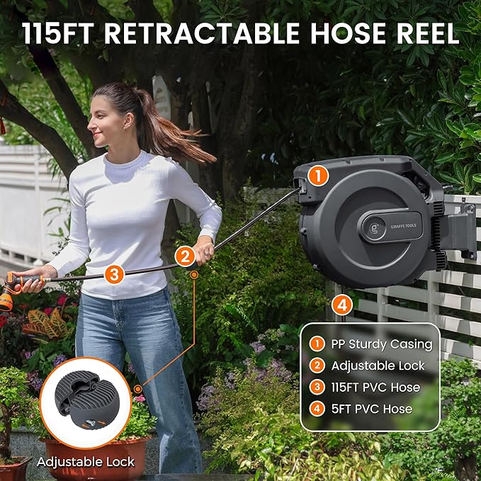 Giraffe Tools AW505/8 Retractable Garden Hose Reel 5/8 x 115+5 ft Heavy Duty Wall Mounted Water Hose Reel Automatic Rewind 180 Deg Swivel Bracket Slow Retraction 115ft Dark Grey