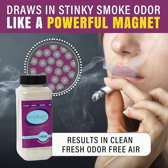 SMELLEZE Natural Cigarette Odor Eliminator Deodorizer: 2 lb. Powder Removes Smoking Stink
