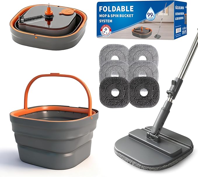 Collapsible Mop and Bucket Set Spin Mop with Separate Dirty and Clean Water 6 Replaceable Mopping Pads with Foldable Handle Deep Cleaning Mops and Buckets for Household Use Floor Cleaning