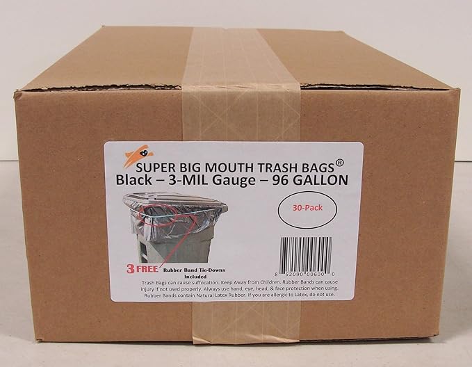 96 Gallon Super Big Mouth Trash Bags 30-Pack Plus 3 Free Rubber Tie Down Bands