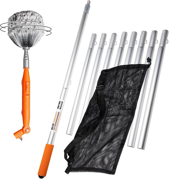 Powered Cobweb &amp Ceiling Fan Duster with 16ft Rigid Extension Pole – Adjustable Arm Removable Washable Head Interior &amp Exterior Use – Handheld or Pole-Mounted Cleaning Tool