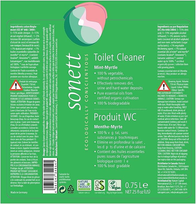 Sonett Organic Toilet Cleaner Mint-Myrtle(25fl Oz/ 750ml) Effectively removes dirt urine and hard water deposits (Pack of 6)