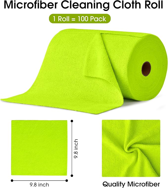 KitchLife Microfiber Cleaning Cloth Roll 100 Pack - Tear-Away Microfiber Paper Towels Lint-Free Reusable Washable for Kitchen Car Dishes and Sensitive Surfaces (Neon Green)