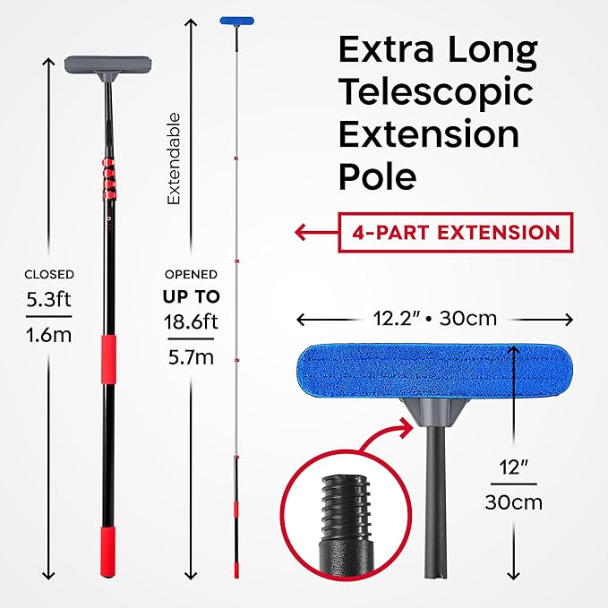 Tyroler Professional Window Squeegee with Extension Pole | 5.3-18.6ft Squeegee for Windows Cleaning | Outdoor Window Cleaner Tool Windows Washing Kit with Extension Pole | Window Cleaning Kit