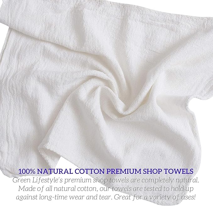 GREEN LIFESTYLE White Shop Towels 12x14 150 Pack - 100% Cotton Super Absorbent &amp Durable Shop Rags Reusable Shop Rags Bulk Multipurpose Cleaning Towels for Automobiles Industries Garage and H