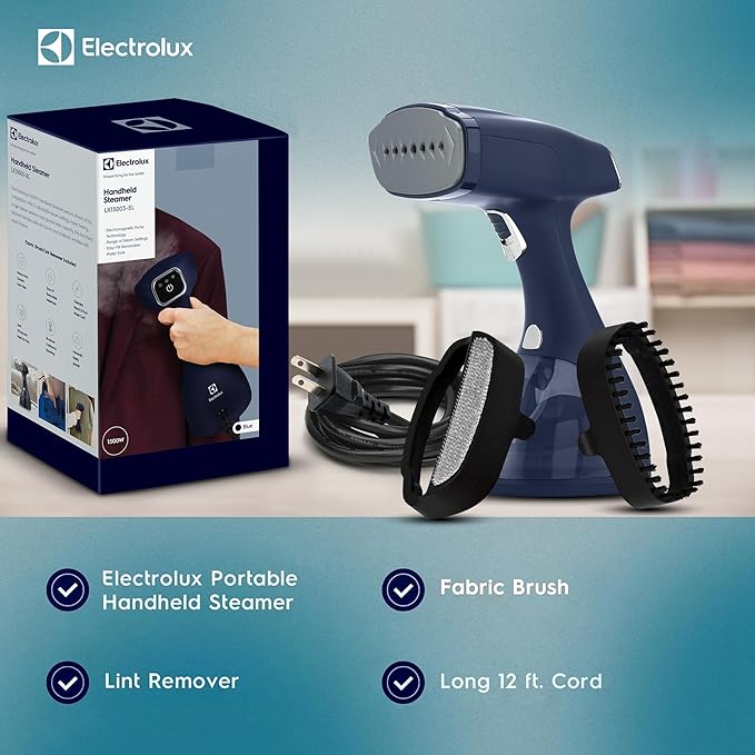 Electrolux Steamer for Clothes LX15003 Portable Handheld Fabric and Garment Steamer Iron Press Wrinkle Remover with Lint Remover &amp Fabric Brush – Blue