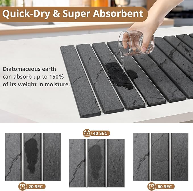 2 PCS Large Stone Dish Drying Mat for Kitchen Counter Marbled Quick Dry Stone Dish Mats Diatomaceous Earth Drying Pad Foldable and Super Absorbent Dish Drying Stone Mat (Dark Gray 24×16 &amp 8×