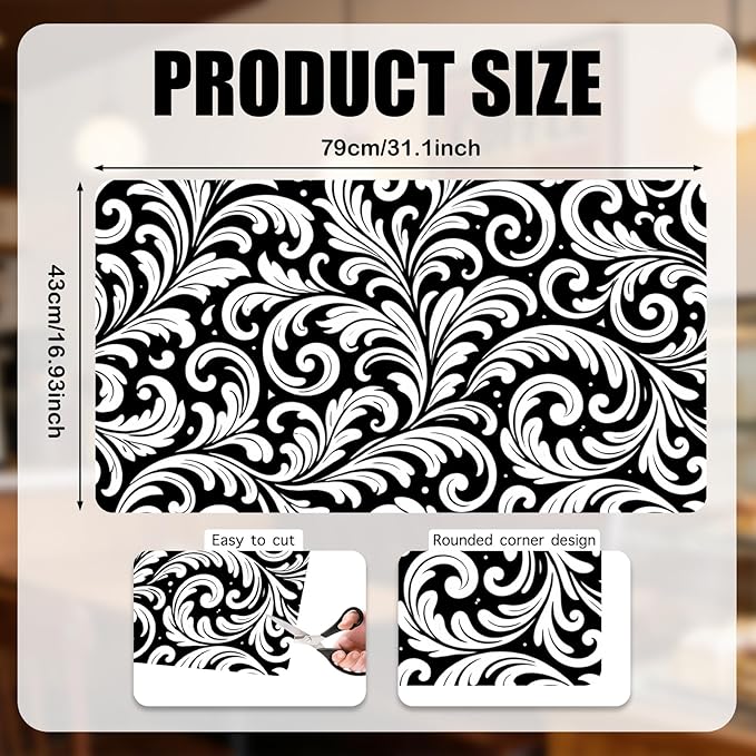 Nuxovilar Coffee Bar Mat Black White Floral Scroll Pattern Dish Drying Pad Natural Rubber Canvas 16.92 x 31.1 inchs Coffee Accessories Counter Surface Beverage Corner Home Cafe