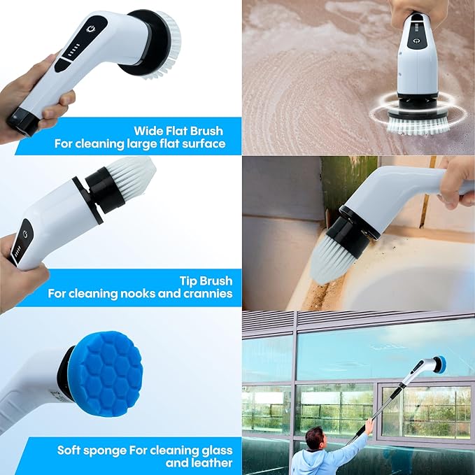 Generic Befrima Electric Spin Scrubber 7 in 1 - Waterproof Electric Cleaning Brush Cordless Shower Scrubber with Adjustable Handle Electric Spin Scrubber 360° and Dual Speed for Cleaning Bathroom