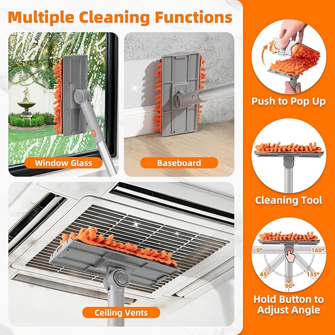 Ceiling Fan Cleaner Duster with 6 Ft/77'' Extension Pole Multi-Functional Chenille Duster Cleaner Kit for Cleaning Fan Blade Baseboard Blind Cobweb High Ceiling Walls - Reusable &amp Machine Wash
