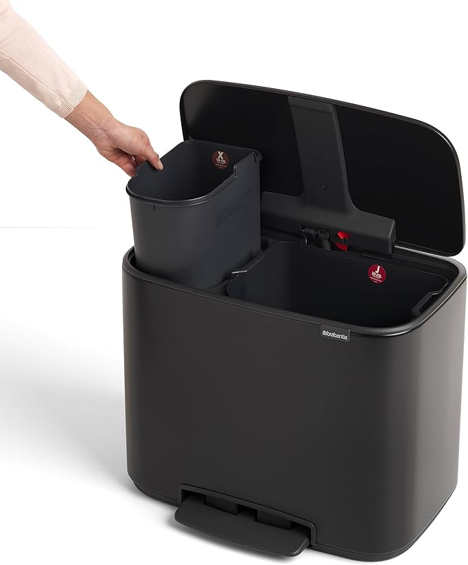 Brabantia Bo Step-On Kitchen Trash Can with Dual Compartments | Matt Black | 3 + 6 Gal Inner Buckets | Soft-Close Garbage Can Light Pedal Operation Stay-Open Lid | Fits Against Wall | + Trash Bags