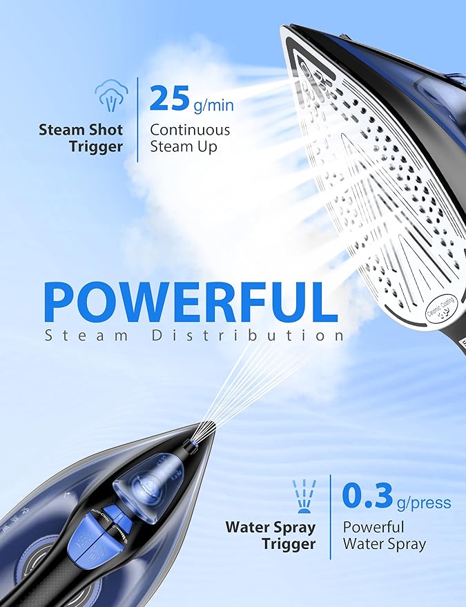1500-Watt Steam Iron with Ceramic-Coated Soleplate and Burst Steam 3-Way Auto-Off Temperature Settings for Variable Fabric