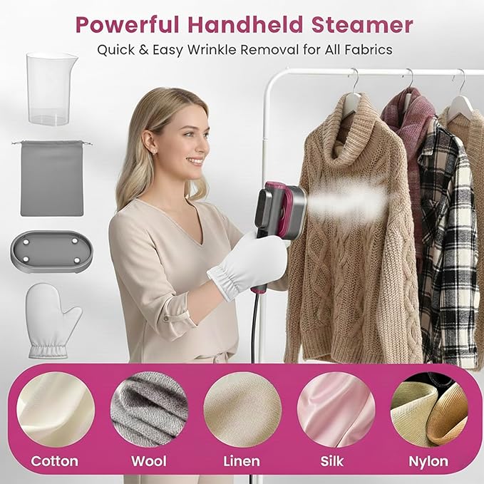 Powerful Handheld Clothes Steamer with LCD Display 15s Fast Heat-Up Includes Measuring Cup Heat-Resistant Board Storage Bag &amp Anti-Scald Glove Lightweight 0.8lbs for Home &amp Travel